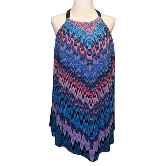 Aqua Green Women's Swim Halter Back Tankini Top Blue & Pink Chevron Size XL - Picture 1 of 8